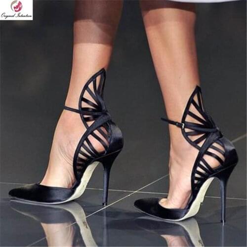 Original Intention Stylish Woman Sandals Ankle Strap Pointed Toe Thin High Heels Sandals Shoes Summer Black Woman Plus Size 4-15