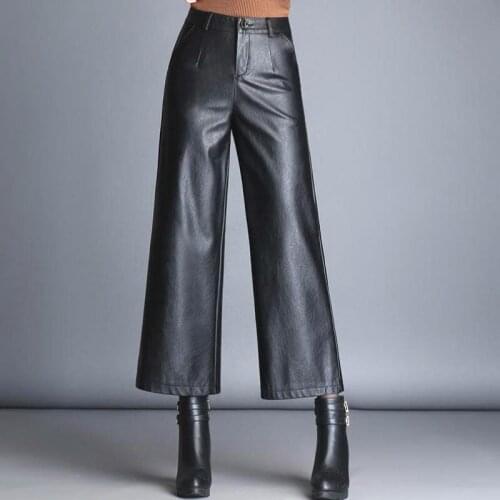 Fall Winter Fashion Women Wide Leg High Waisted Black Pu Leather Ankle Length Pants , 4xl Elegant Woman Office Ladies Trousers