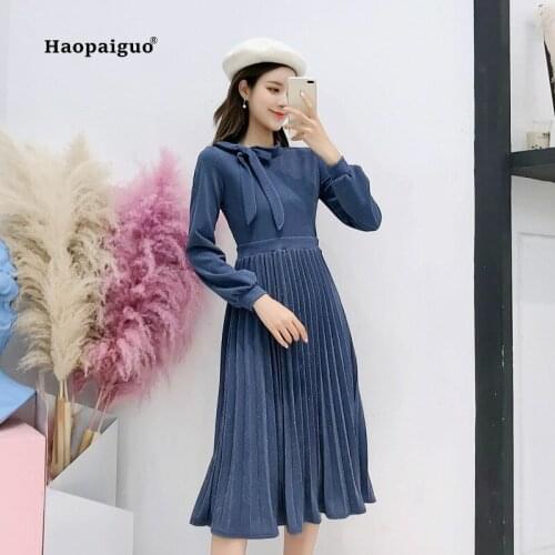 Autumn Women Solid Pleated Dress Black Blue Full Sleeve O-neck Bow Knee-length Elegant Vintage Dress Party Club Dresses Ladies