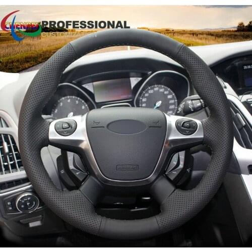 DIY Hand-Sewn Non-Slip Black Leather Steering Wheel Cover For Ford Focus Escape C-MAX Car Interior Accessories