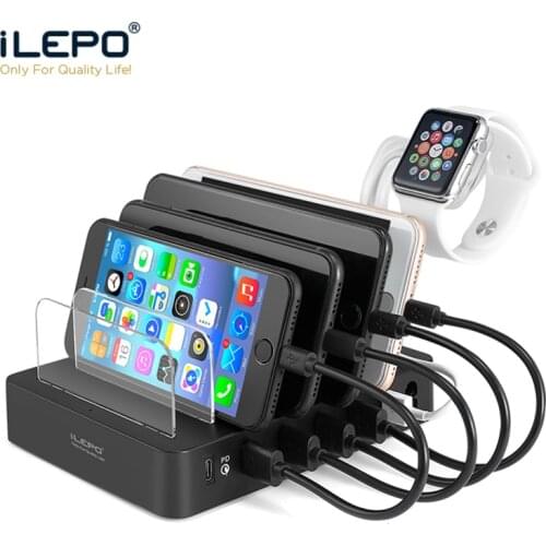 ILEPO Smart USB Charger Quick Charging Station 6 Port 2.4A Mobile Phone Tablets Multiple Devices Organizer Desktop Stand Power