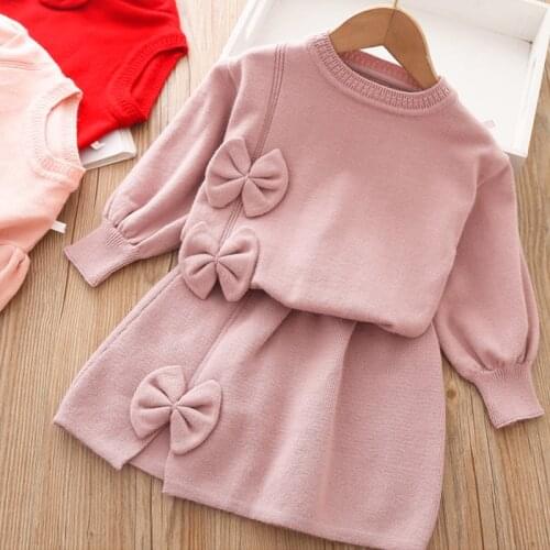 Girls' knitting embroidered short skirt two piece set 2020 new girls' sweater long sleeve skirt suit girls' Plaid knitted suit