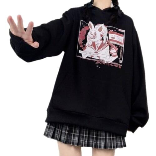 2021 Spring Harajuku Women Loose Black Anime Printed Hoodie Long Sleeve Top Japanese Gothic Girl Pullover Hooded Sweatshirt