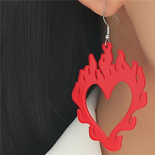 Hollow Out Burning Red Heart Acrylic Earrings For Women Girls Simple Cool Punk Unique Dangle Earrings Fashion Jewelry
