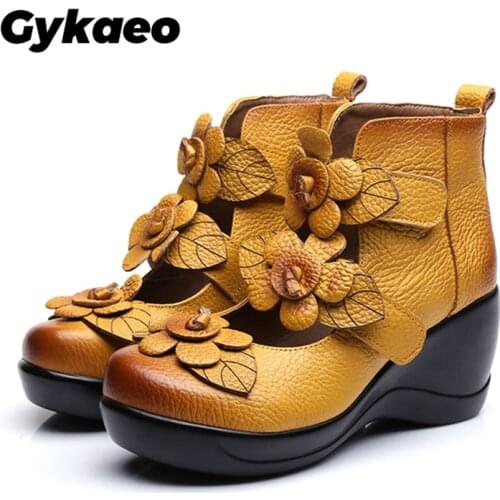 2020 Spring National Style Women Genuine Leather Ankle Shoes Flat Vintage Lady Shoes Thick Bottom Casual Velvet Womens Boots
