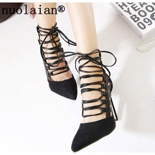 2018 New Sexy Suede Women Sandals Thin High Heels 11 CM Gladiator Bandage Cross Tied Summer Party Femme Shoes High Heel Pumps