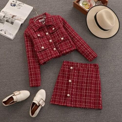 Autumn Winter Vintage Tweed Two Piece Set Women Woolen Short Jacket Coat Tops + Mini Skirts sets Small Fragrance 2 Piece Set