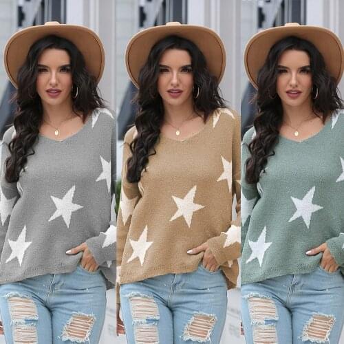 Sweater Women Pullover 2021 New Hot Style womens V-neck five-pointed Star off-shoulder Knit Sweater Dropshipping SJ3241
