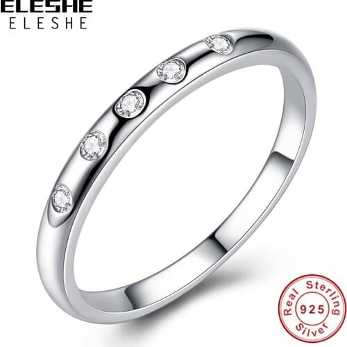 Simple Genuine 925 Sterling Silver Sparkling Round Crystal Ring Engagement Anniversary Jewelry Gift For Women