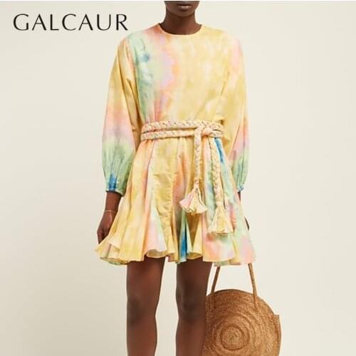 GALCAUR Beach Style Womens Dress O Neck Long Sleeve High Waist Bandage Patchwork Mini Female Dresses 2020 Casual Fashion New