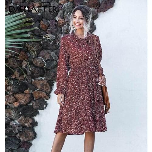 EVERAFTER Elegant v-neck boho print dress women sexy long sleeve Elastic waist loose holiday spring summer chic bow long dresses