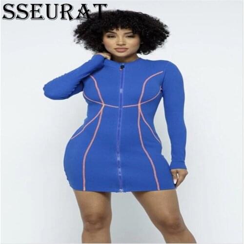 SSEURAT Autumn Sports Women Solid Mini Bodycon Dress Active Zipper Long Sleeve Midi Pencil Dresses