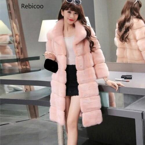 Winter Warm Mink Fur Long Coats Women Elegant Stand Collar Hooded Woolen Coats Solid Imitated Loose Outerwear