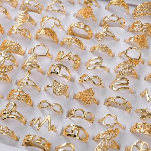 10pcs/lot Fashion Hollow Copper Gold Silver Color Heart Flowers Bow Love Finger Rings For Women Mix Style Wedding Jewelry