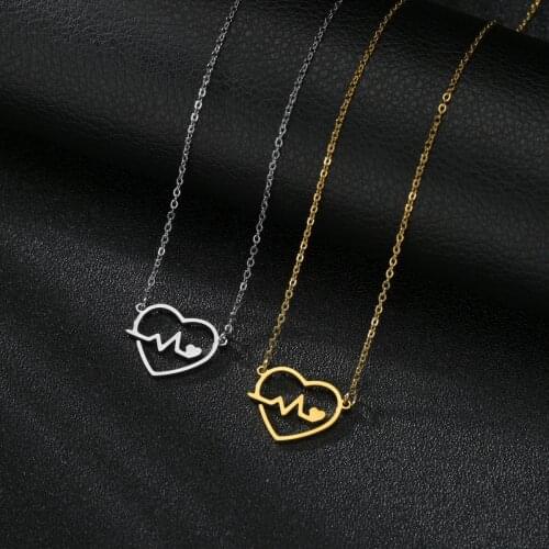 2021 Trend Fashion Simple Bohemian Stainless Steel Heart-Shaped Gold Color Silver ECG Men And Women Couple Necklace Jewelry Gift