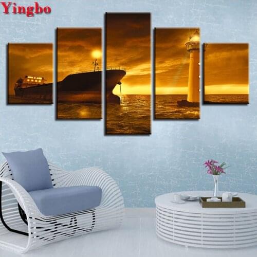 5 Pie ces Full Round DIY Diamond Painting Ships Lighthouse And Golden Sky Scenery Diamond Embroidery sale Pictures Rhinestones