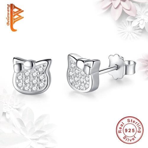 925 Sterling Silver Cute Cat Small Silver Earrings CZ Ctystal Stud Earrings For Women Fashion Party Jewelry wedding Gift