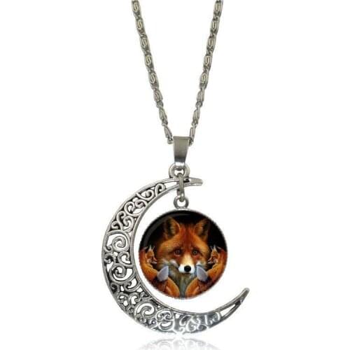 EJ Glaze Fox with Her Baby For Women Men Party Fashion Glass Cabochon Moon Pendant Necklace Women Silver Color Choker Necklace