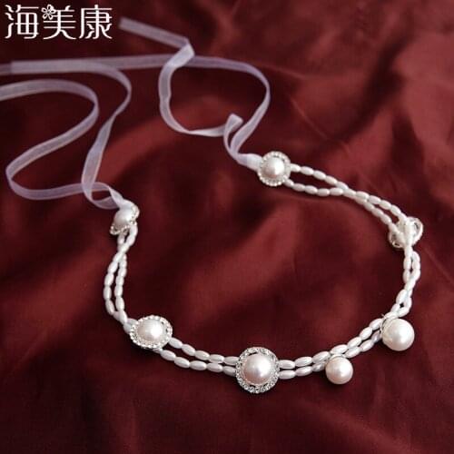 Haimeikang Elegant Pearl White Bridal Headband Crystal Silver Tray Double Strand Pearl Bead Bride Wedding Hair Jewelry Accessory