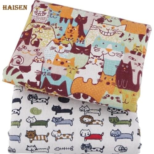Haisen,Cartoon Cat Series,Printed Cotton Linen Fabric For DIY Quilting Sewing Sofa/Table Cloth/Furniture Cover/Cushion Material