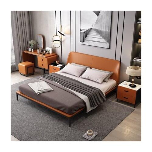 Italian Minimalist Double Bed Bedroom Leather Bed Wedding Bed Light Luxury 1.8M Full-Grain Leather Leather Bed Master Bedroom