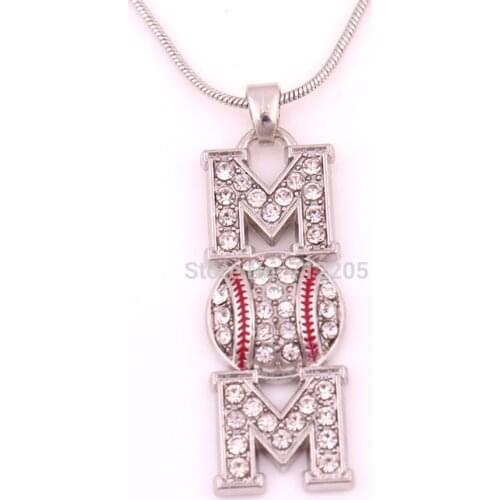 Fashion New Arrival 30pcs zinc Heirloom Finds Baseball Softball Mom Pave Crystal Pendant snake chain necklace