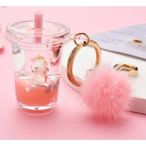 Cartoon Unicorn Keyring Milk Tea Bottle Acrylic Keychain Couple Cute Mink Hair Car Bag Keychain Jewelry Gifts