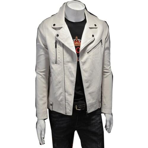 2020 autumn and winter mens slim fit leather jacket classic motorcycle jacket black and white