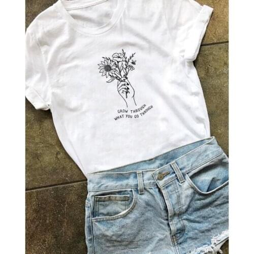 Grow through what you go through T-Shirt Casual Save The Flower Hand Graphic Tee Funny Cotton Grunge Tumblr Tops quote Outfits