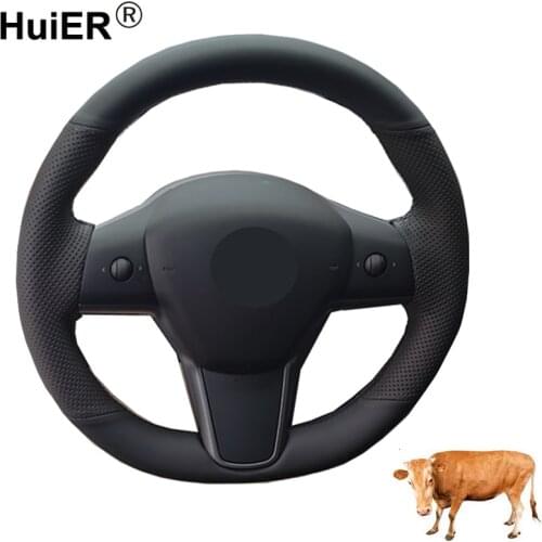 Hand Sewing Car Steering Wheel Cover Top Cow Leather Wrap For Tesla Model 3 2017 2018 2019 2020 Braid on the Steering whee