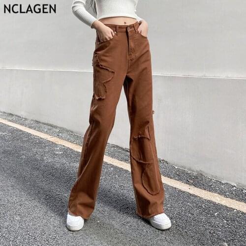 NCLAGEN Ripped Floral Textured Patchwork 2021 Fashion Khaki Jeans Pants Women High Waist Omighty Aesthetic Casual Denim Trousers