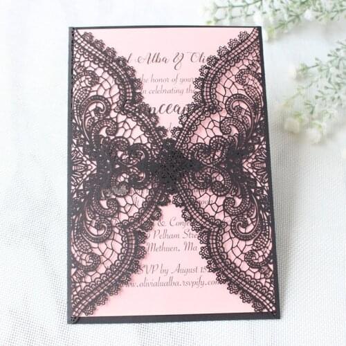 Sexy black lace laser cut wedding invitations with pink insert cards personalized printing birthday prom party paper invites