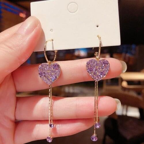 New Elegant Fashion Heart Drop Earrings Womens Geometric Purple Earrings Korean Love Tassel Long Earring Jewelry Gifts