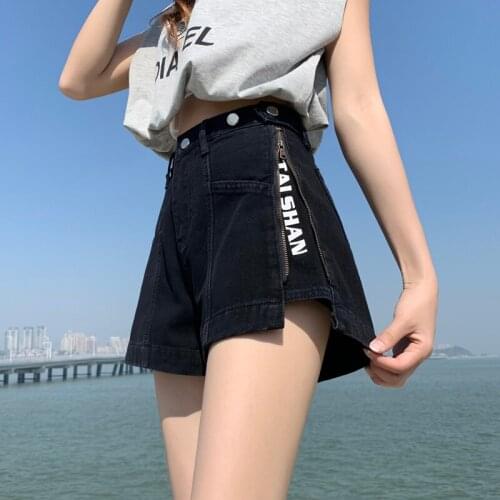 Letter Print Summer Denim Shorts Women High Waist Zipper Wide Leg Short Pants Slim Buttons Pockets Jeans Short Streetwear