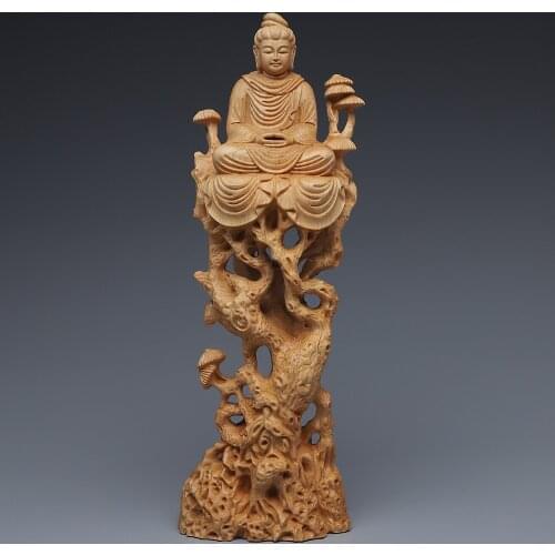 Solid wood carving Sitting Vine Tathagata Buddha Statue， Chinese Buddha Statue Home living room decoration ornaments 23cm