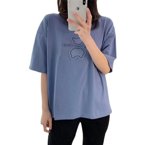 Large size loose solid color half-sleeved bottoming shirt slippery cotton embossed bear student short-sleeved T-shirt women