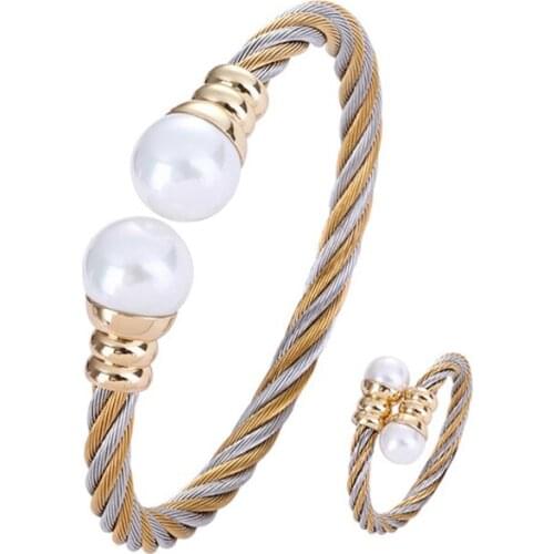 Chran Classic Stainless Steel Cable Bangle Perfect Round Shell Pearl Rings Bracelets Set for Women