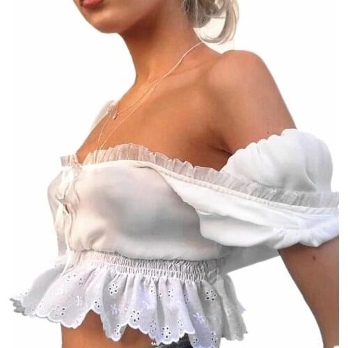 2019 Fashion Women Off Shoulder Top Women Lace Crop Top Short Sleeve Women Blouses Shirts Sexy Backless Hollow Out Summer Top