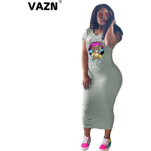 VAZN 2020 Summer Cartoon Dress Women Pleated Chic Ladies Slim Elegant Female Dress Young Maxi Dress Sexy Women Bandage Dress
