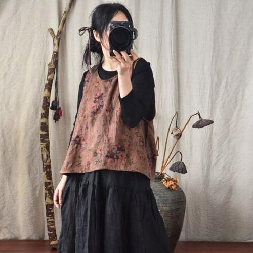 Women Loose Linen Printed Vest Waistcoat Female Print Flax Vests Female 2021 Summer Autumn Vest