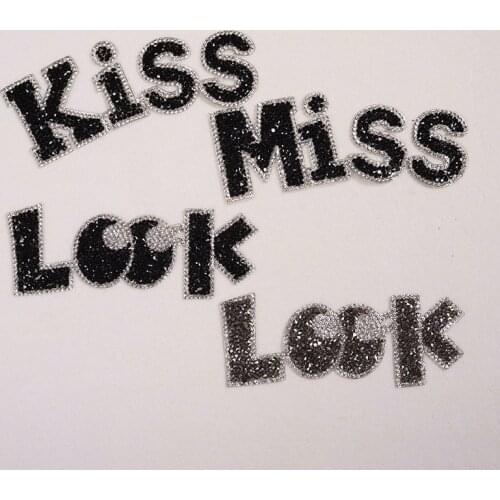 English Alphabet Rhinestones Hot-fix Diy Bling Flatback Clothing Hats Fashion Miss Kiss Look Decoration Crystal Trim Black G