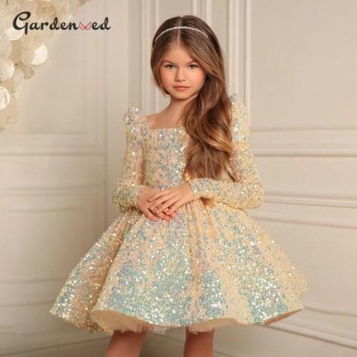 Glitter Sequin Fluffy Flower Girl Dress Princess Elegant Bow First Communion Dress Little Bride Dress Girl Birthday Dresses