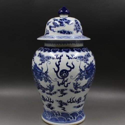 Qing Dynasty Kangxi Year Blue And White Double Dragon Playing Pearl porcelain Ginger Jar Antique ceramic temple jar vase