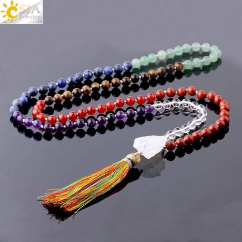 CSJA Natural Stone 7 Chakra Long Necklace White Crystal Tassel Pendant Knotted Weave Sweater Chain Women Healing Necklaces F778