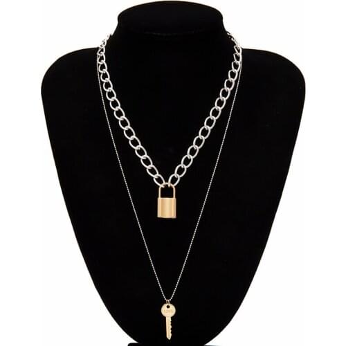 Double Layer Key Pad Lock Long Chain Pendant Choker Necklace Women Punk Jewelry