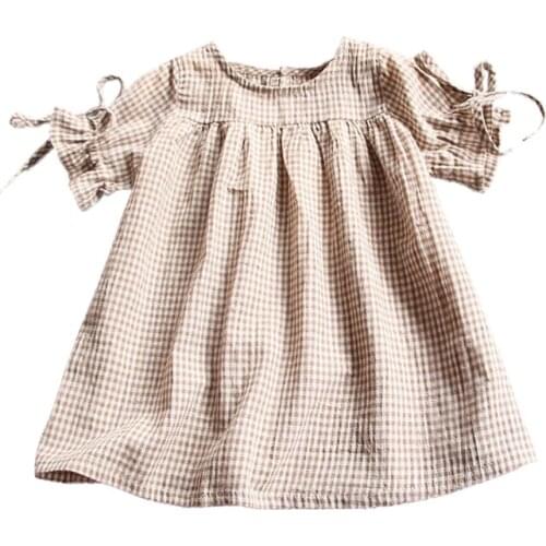 Kids Girls Toddler Baby Girls clothes round neck short sleeve bow plaid letter print cotton lovely newborn Dresses