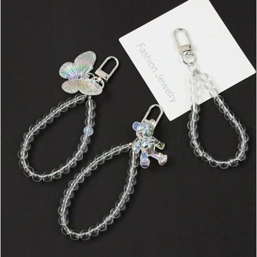 Crystal Bear Butterfly Keychain Trendy Dreamy Transparent Bead Lanyards Keyring for Women Car Keys Bag Decor Pendant for Airpods