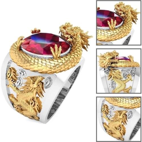 Mens Fashion 18k Solid Gold Dragon Inlay Ruby Gemstone Rings for Women Men Personality Hip Hop Punk Style Diamond Ring