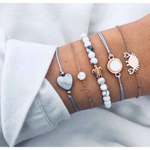 5 Pcs/Set Bohemian Cute Crab Turtle Heart Gem Beads Woven Bracelet Set Women Charm Jewelry Accessories Christmas Gift