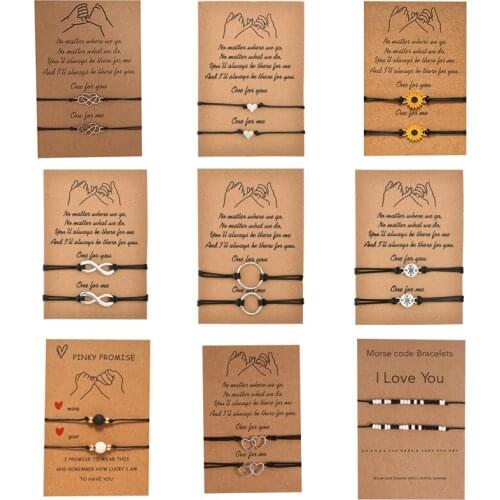 New 2pcs/set Heart Charm Bracelets One for you one for me Black String Braiding Couple Bracelet for Men Women Friendship Jewerly